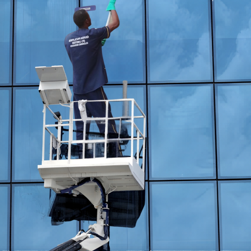 High window pane cleaning using cranes